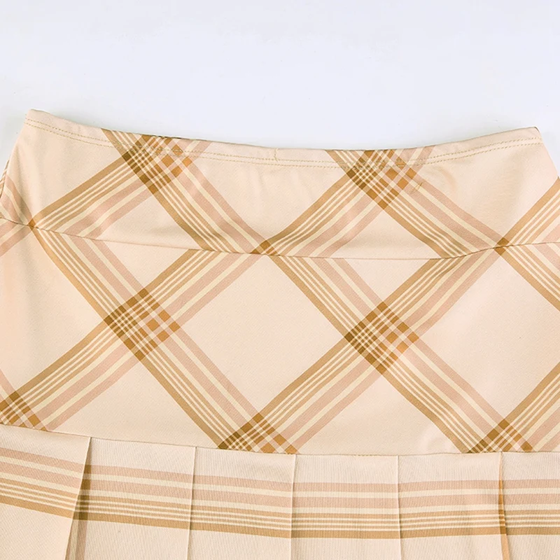 

Fashion Low Waist Argyle Plaid Pleated Skirts Girl Vintage Khaki Skirt Sweet Preppy Style Bottoms
