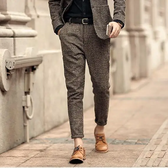 

Cotton pants Men Grid pants British trouser Winter Artist Vintage Long