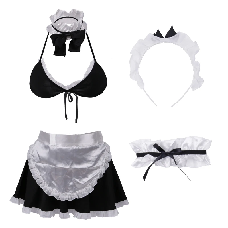 

Japanese Uniform Outfit Sexy Crop Top Flared Mini Skirt with Maid Apron Choker Women Wet Look French Maid Cosplay Costumes