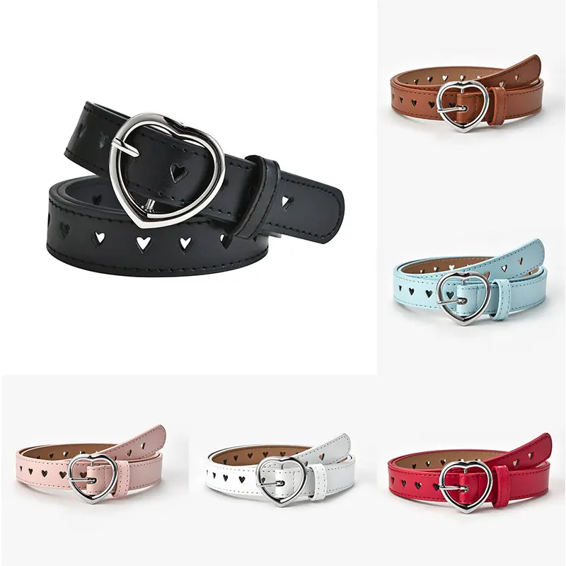 Children Belt Kids Cute Peach Heart Buckle Faux Leather Belts For Girls Love Heart Eyelet Grommet Waist Belt Solid Waistband