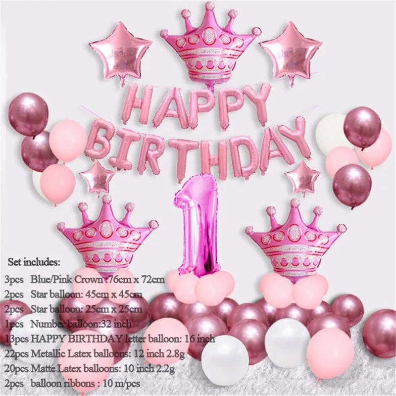 

1 Set Blue Pink Crown Birthday Balloons Air Number Foil Balloon for Baby Boy Girl 1-9th Birthday Party Decorations Kids Shower