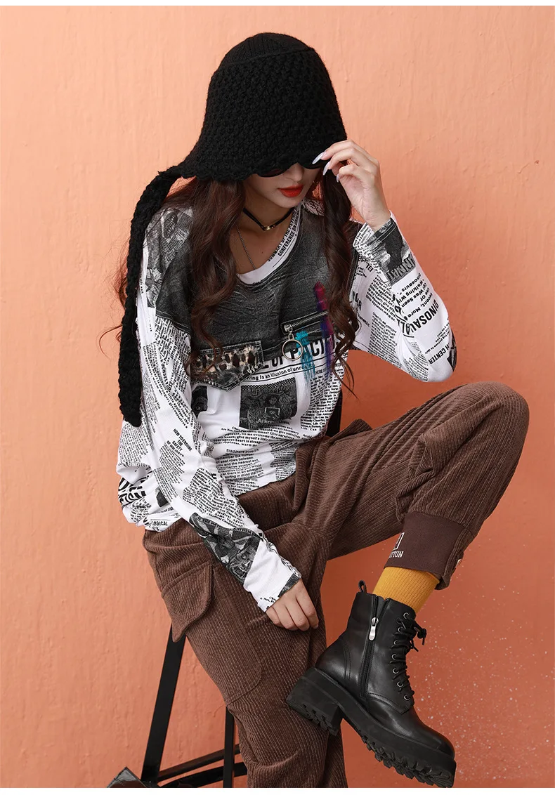 

2021 New Arrival Women Casual Long Sleeve T-shirt Paper Print T Shirt Women Letter Elegant Tee Shirts Womens Vintage Tops XC472