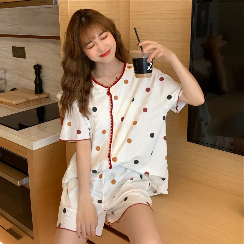 2021 Summer New Korean Wave Point Lace Cardigan Nightgown Home Wear Casual Loose Comfortable Women's Pajamas Suit Lady Sleepwear