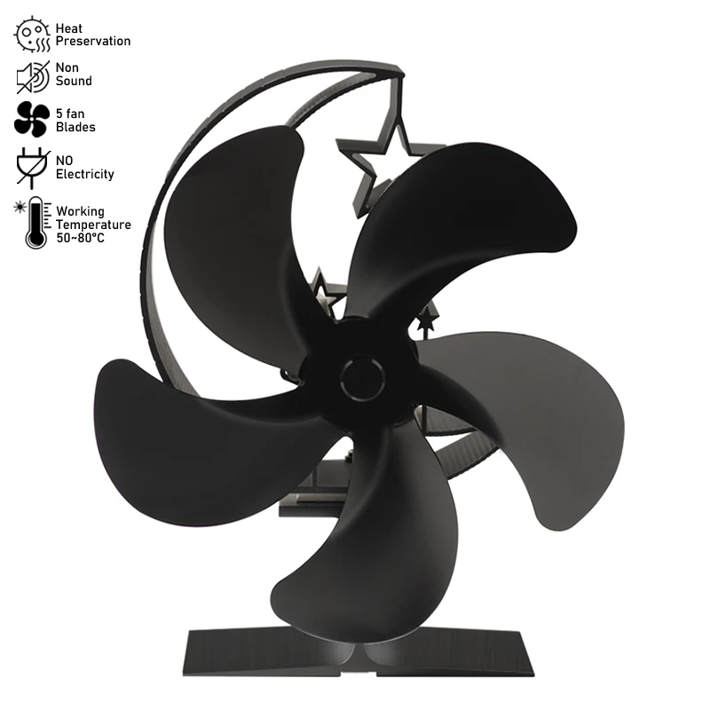 Новый вентилятор для каминной плиты с 5 лопастями черный нагревательный тихий