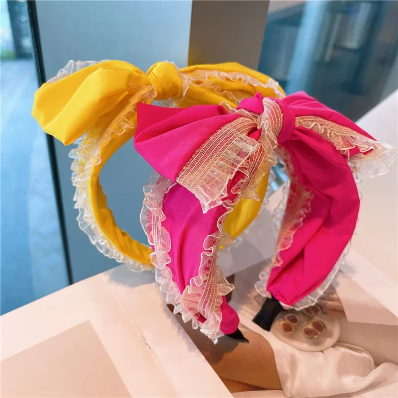 

Self-retained headband Dongdaemun Korea spring and summer wide version large bow headband lace fungus macaron color hairhoop