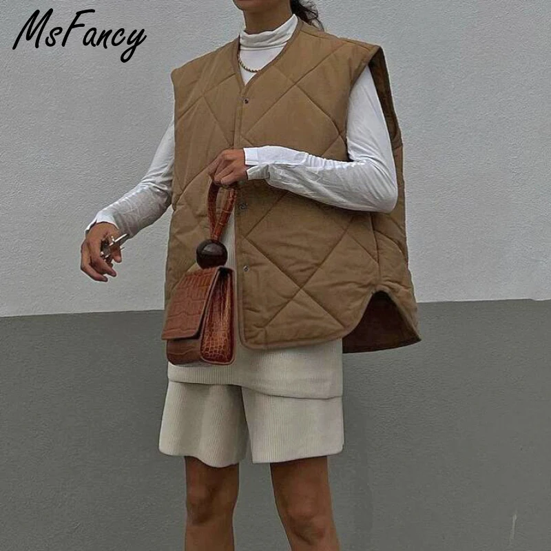 Msfancy, коричневый стеганый жилет, Женская куртка большого размера, женская зимняя мода 2021 года, однобортный женский жилет