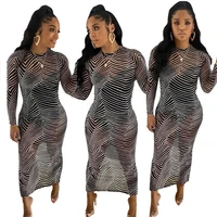 adogirl 2020 new sexy see through striped print women maxi dress round neck long sleeve sheath bodycon night club party dress