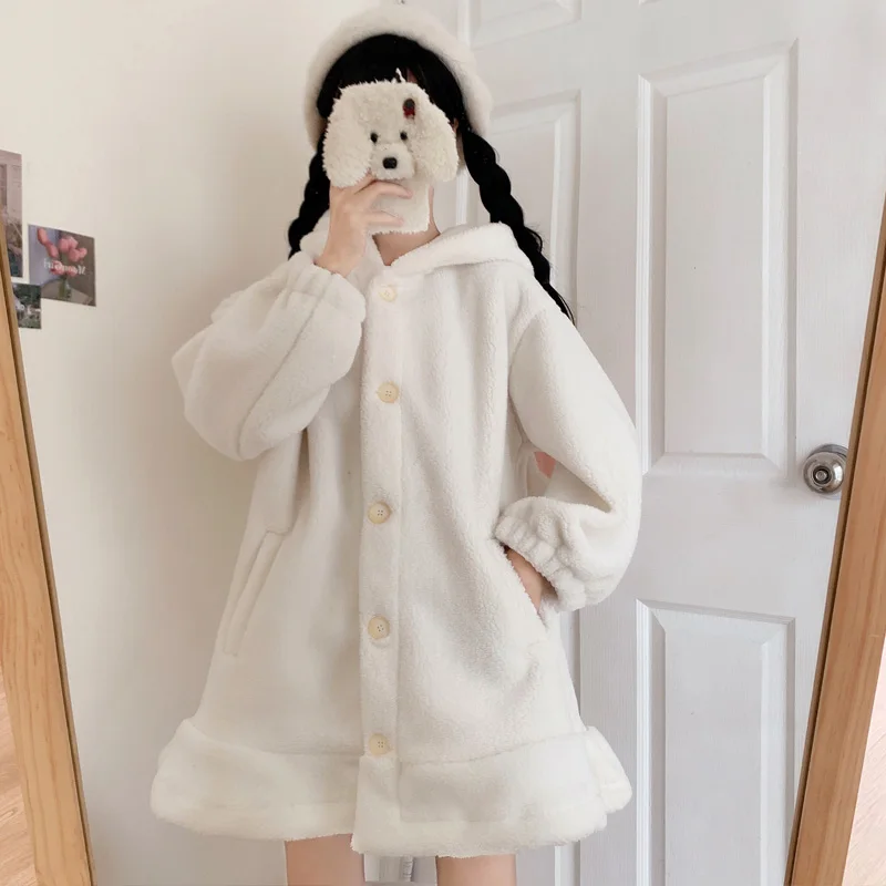 Japanese Kawaii Rabbit Ears Hooded Lambswool Coat For Women  Winter Full Sleeve Cute Single-Breasted Soft Girl Lolita Outweare