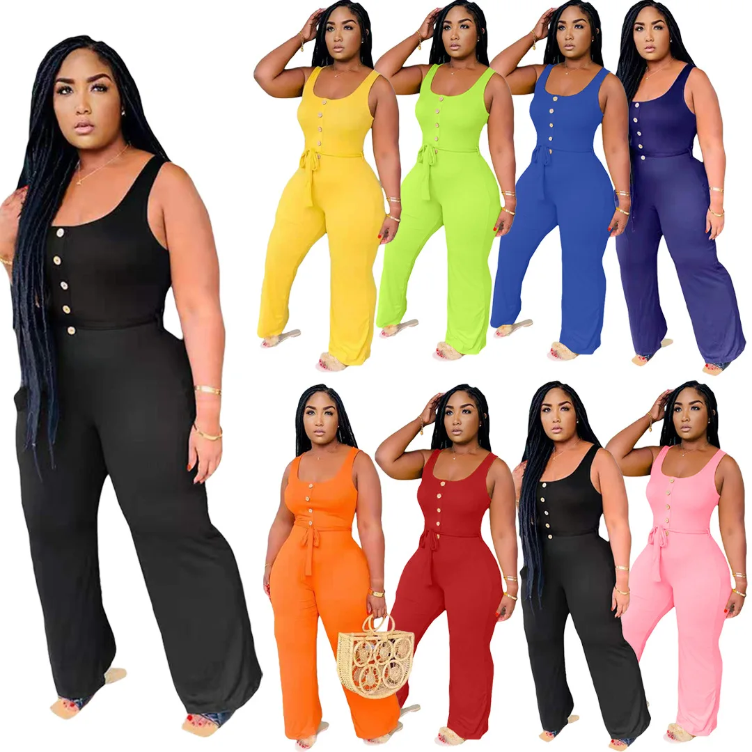 

New Arrivals Women Plus Size Square Collar Jumpsuits 2021 Summer Sleeveless Single-breasted Sashes Loose Casual Solid Rompers