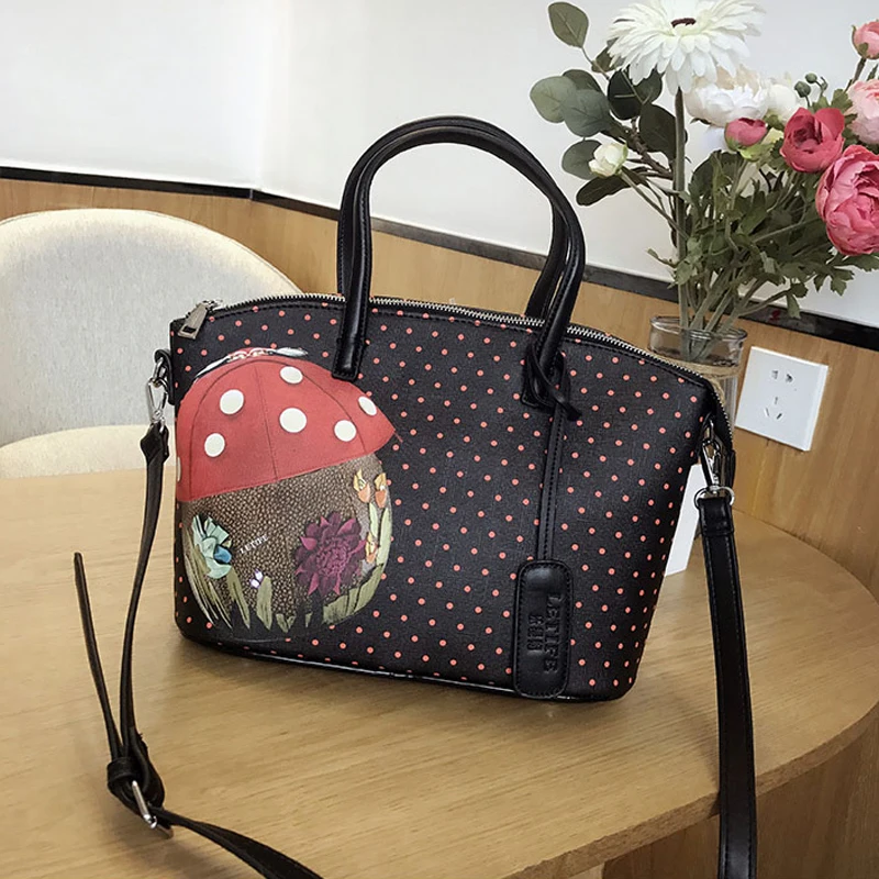 Women Bags Leather Patchwork Embroidery Handbags Shoulder Bags Messenger Bag Tote Braccialini Style Cartoon Wave Point Mushroom