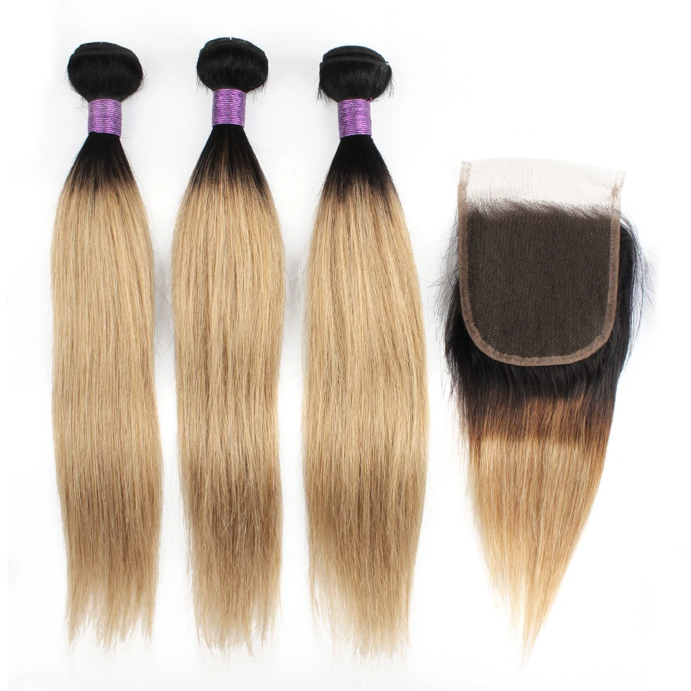 

3 Bundles With 4*4 Lace Closure 1B27 Honey Blonde 1B30 Medium Auburn 2 Tone Ombre Color Brazilian Human Hair Extension