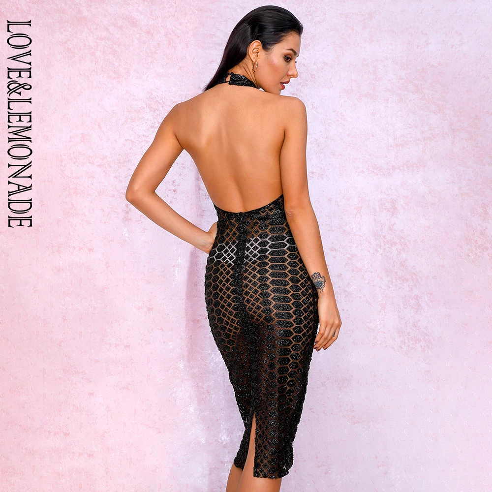 LOVE& LEMONADE A/W сексуальное черное платье до колена с открытой спиной и сеткой с наклеенными блестками LM82019
