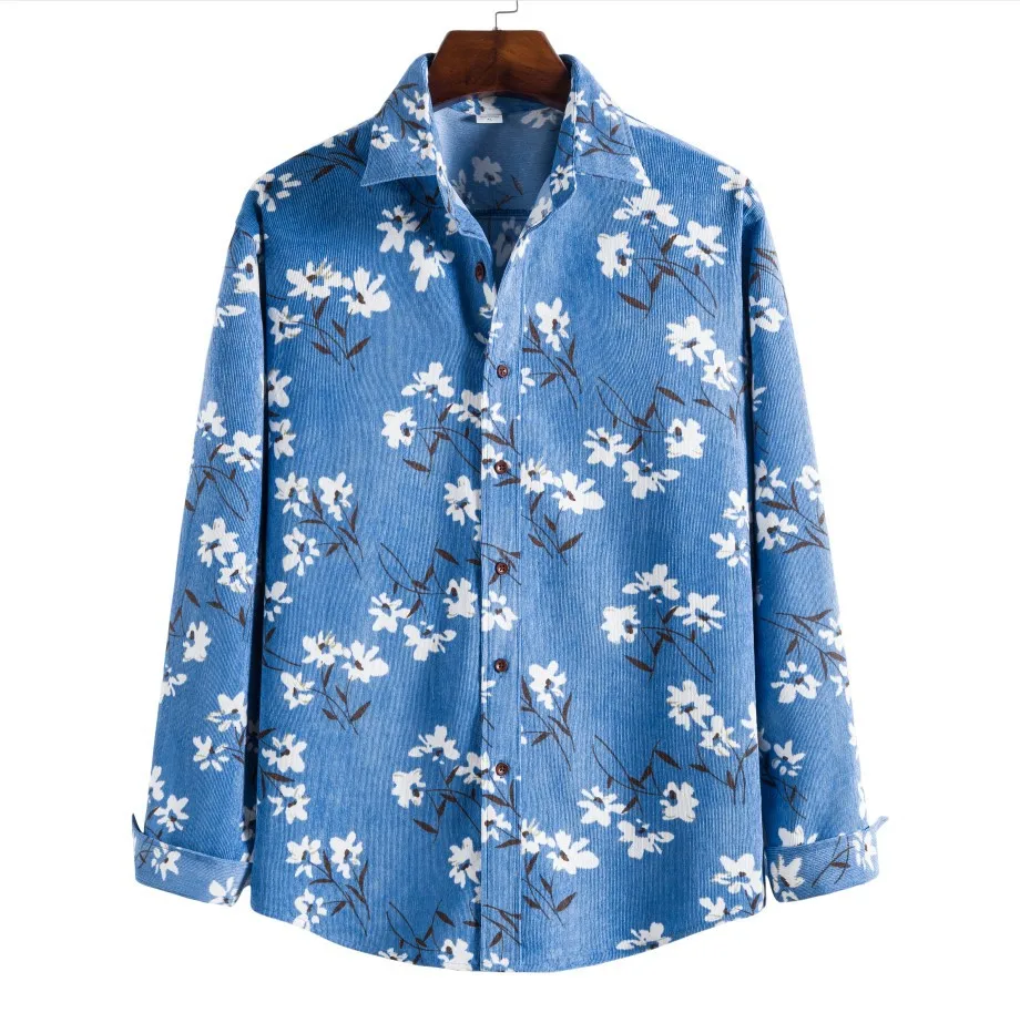 

New Corduroy Casual Shirts 2021 Men Clothing Harajuku Floral Printed Shirt Men Streetwear Men Shirt Long Sleeve Autumn Spring