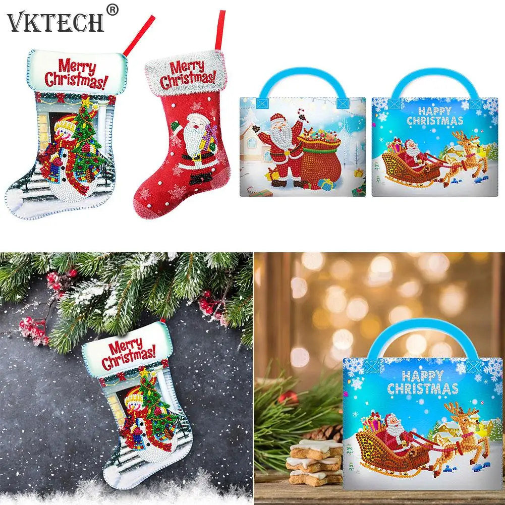 

DIY Diamond Painting Christmas Stockings Santa Claus Snowman Christmas Tree Socks Pendants Apple Candy Gift Bag Party Decor