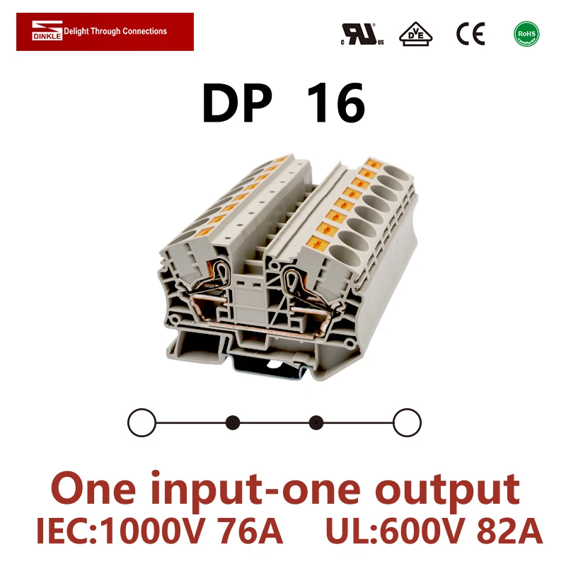 DINKLE DP16 Spring-cage Connection Feed-Through Wiring Return Pull Plug Wire Electrical Connector Din Rail Terminal Block ST 16