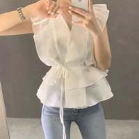 korean fashion ruffled chiffon shirt women tops new vintage elegant lace up slim clothing v neck sleeveless blouse chic 14773
