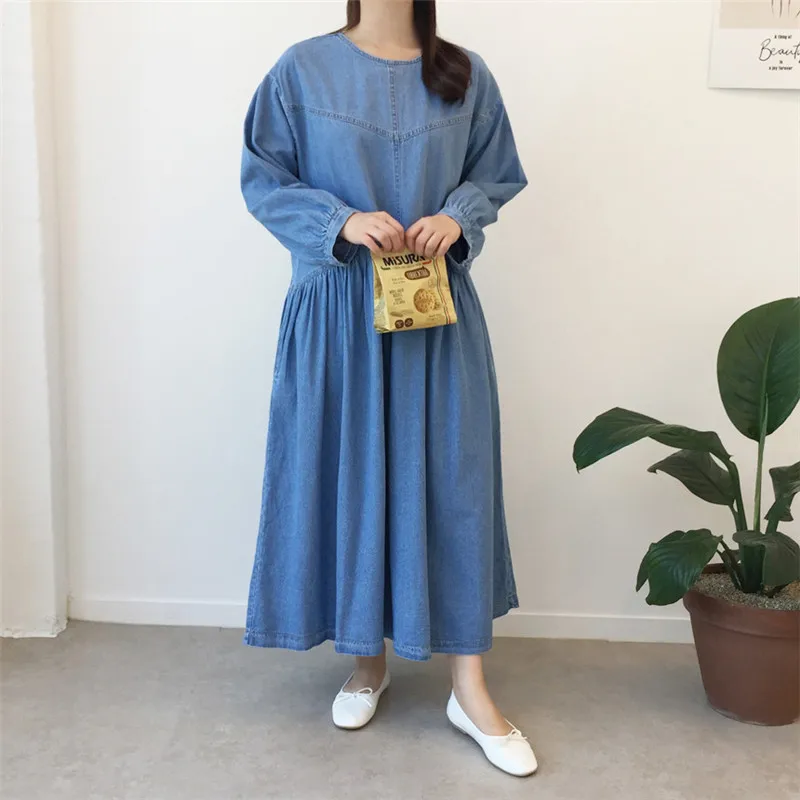 

Women Denim Dress Chic 2021 New Summer Long Sleeve Round Neck French Retro Pleated Solid Color Minority Dresses Vestidos Female
