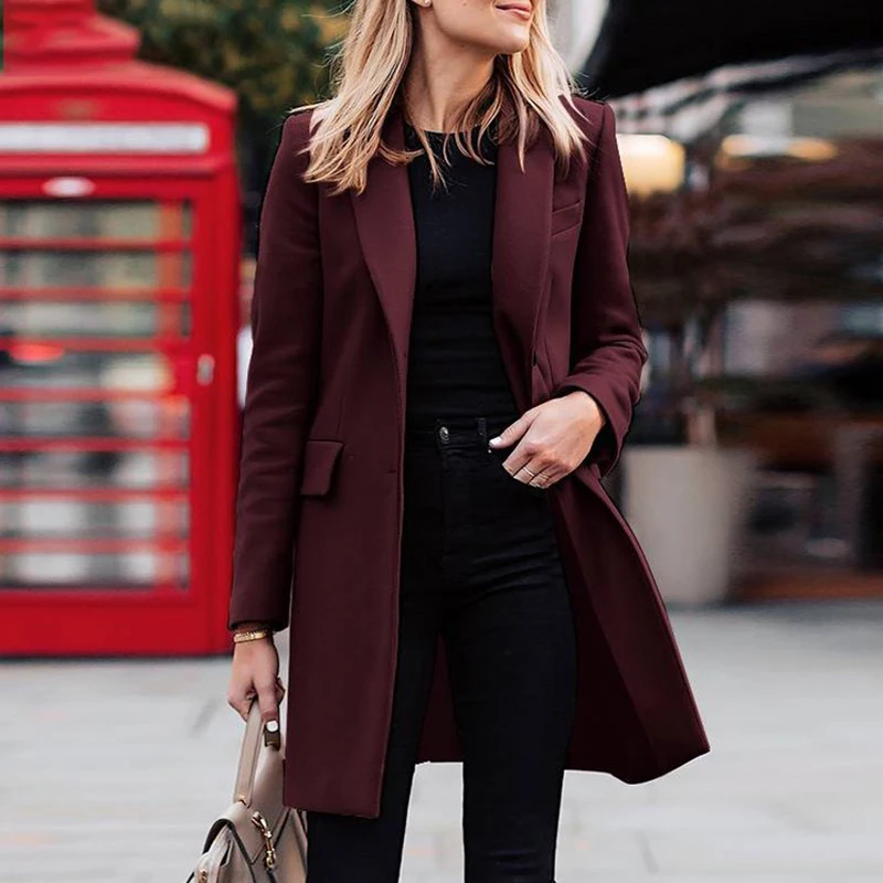 

Office Lady Solid Outerwear Tops Elegant Basic Buttoned Lapel Overcoat Autumn Winter Casual Long Sleeve Thick Wool Coat Jackets