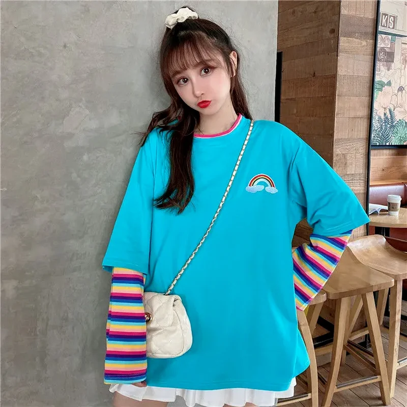 Повседневные Цветочные Лоскутные радужные полосы имитация двух частей