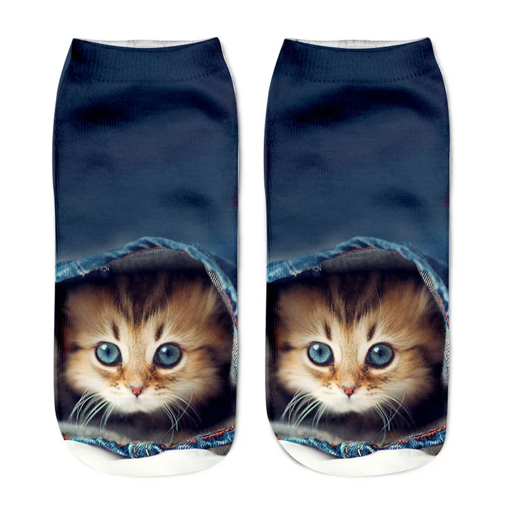 Funny Women's Socks 3D Print Cotton Cartoon Kitten Unisex Creative Colorful Multiple Cat Face Happy Low Cute Ankle Men Socks