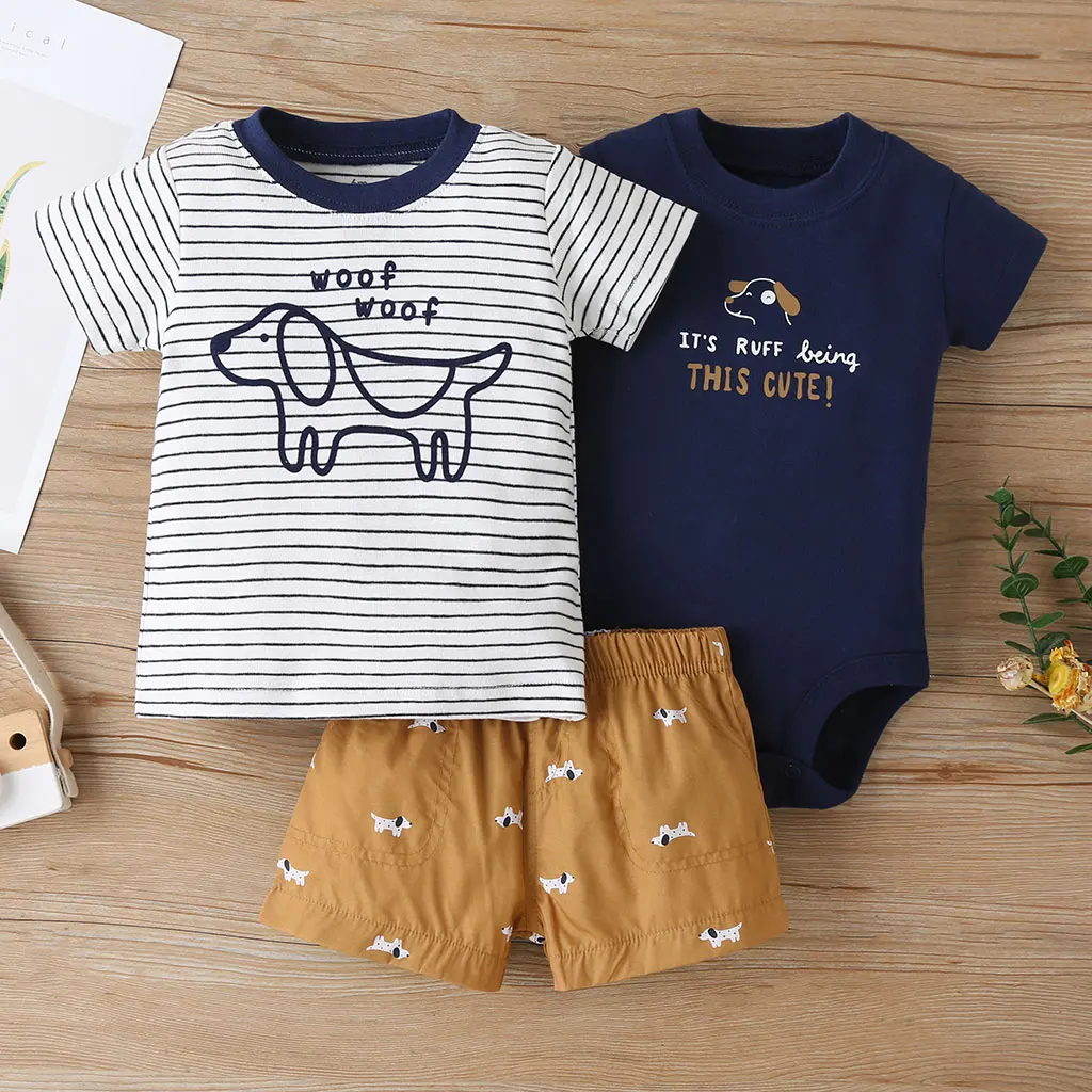 Baby Boy Summer Clothes short sleeve cartoon T-shirt+romper+shorts 2021 New Born Baby girl outfit 3pcs/set 6-24M Infant Costume