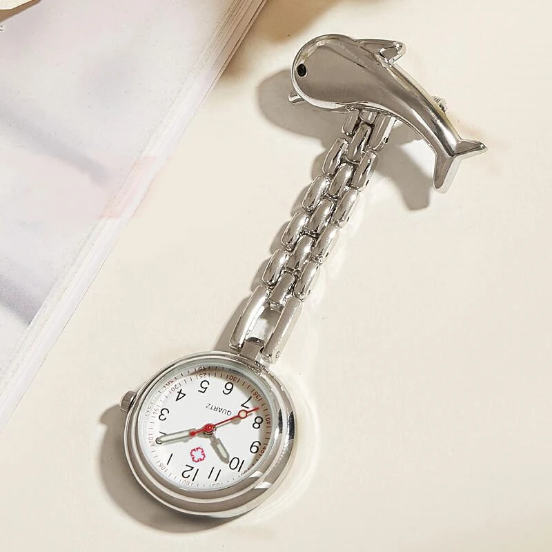 Dolphin Nurse Watch 5pcs fish-shaped Doctor Hanging Clock Noctilucent Cartoon Alloy Student Nurse Hospital Pocket Watch Silver