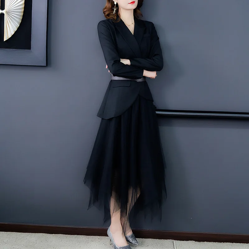 

2020 Autumn Women Two Piece Sets Turn-Down Collar Blazer Jackets +Long Mesh Skirt Lady Office 2 Pcs Jacket Dresses Suits