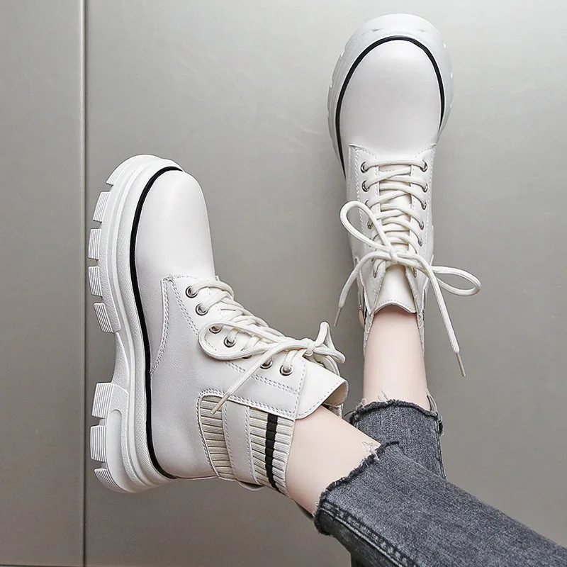 Womer Combat Boots Platform Women Ladies Shoes Fall Fashion Lace Up Beige Black Ankle Boots for Women Leather Platform Heel Boot