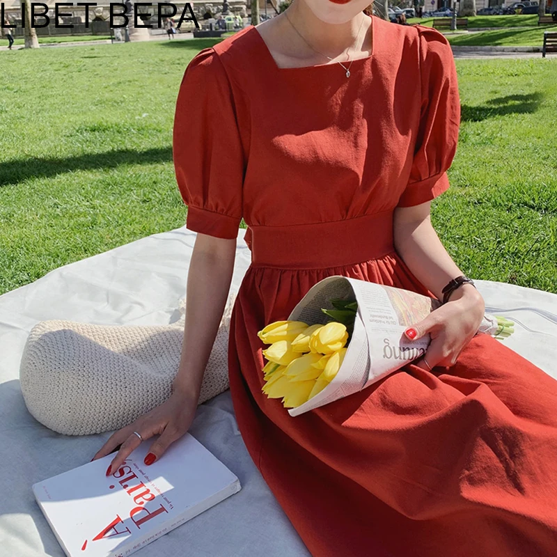 Женское винтажное платье с высокой талией длинное Повседневное из хлопка и льна