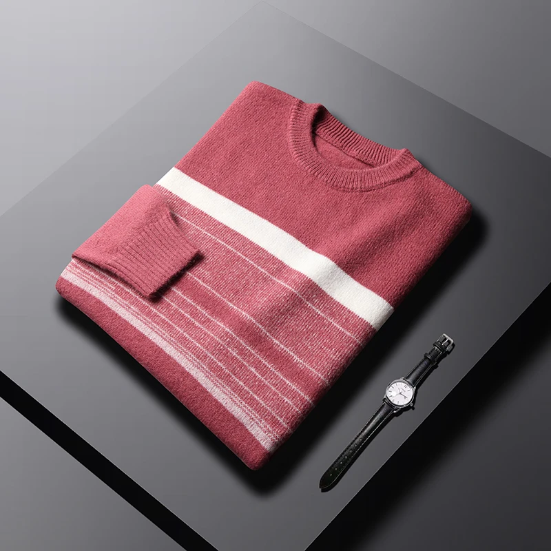 Мужской кашемировый свитер в полоску с длинным рукавом и круглым вырезом |