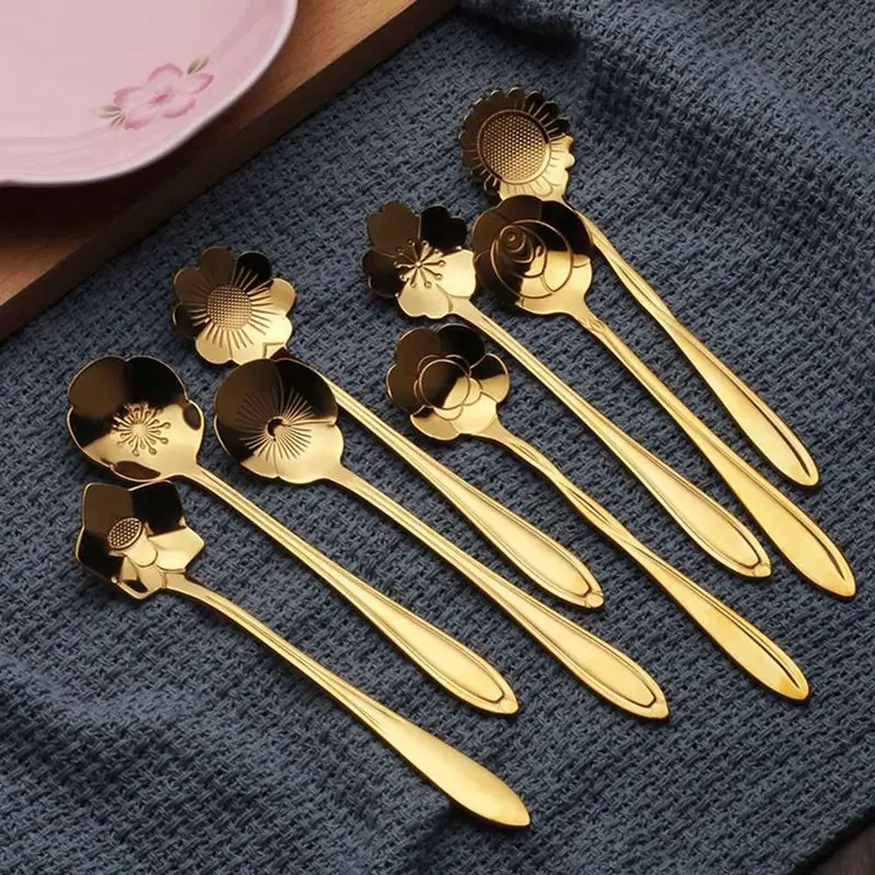 

Gold Plated Cherry Rose Spoons Tableware Coffee Stirring Spoon Ceramic Handle Flower Scoop Stainless Steel Kitchen Tools