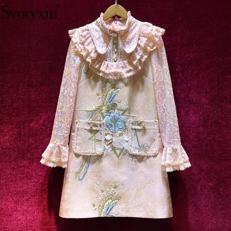 

Svoryxiu Runway Designer Autumn High Quality Short Dress Women's Lace Sequins Flared Sleeves Print Jacquard Vintage Dresses XXL