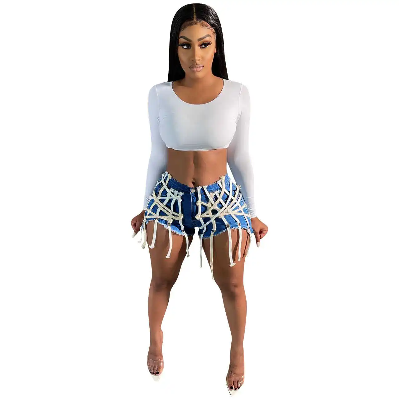 

Fashion Girls Denim Shorts Summer 2021 Hottest Sale Zipper Hollow Out Bandage String Tassels High Waist Casual Jeans Street Wear