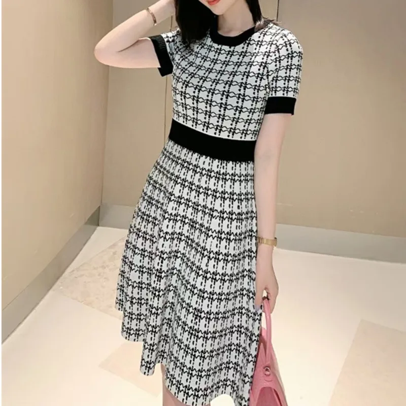 

Houndstooth Knitted Women A-line Dress Short Sleeve O-neck High Waist Dresses Vintage Korean Fashion Vestido De Mujer Casual New