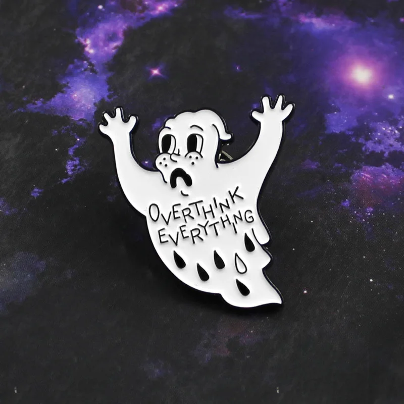 

White Ghost Overthink Everything Enamel Pin Ghost Raise Hands Lapel Pins Brooches For Halloween Badge Gifts For Friends