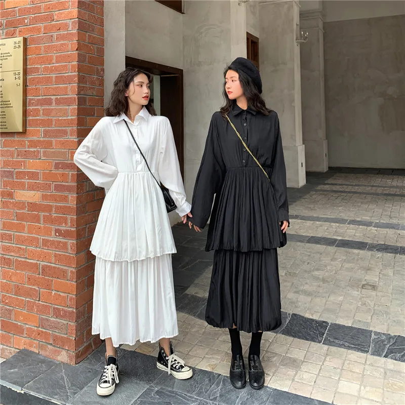 EAD 2020 spring new shirt dress female Korean temperament Slim loose waist lapel long sleeve chiffon black white | Женская одежда
