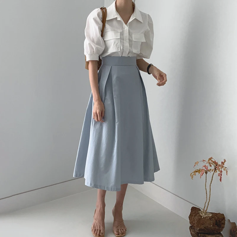 

Women's Sets Korean-Style Fashion Summer New 2020 Short Sleeve Lapel Single-Breasted Puff Sleeve Shirt High-Waist Skirts