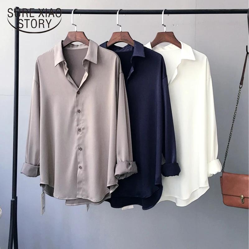 Женская винтажная рубашка-поло белая однотонная Свободная с длинным рукавом