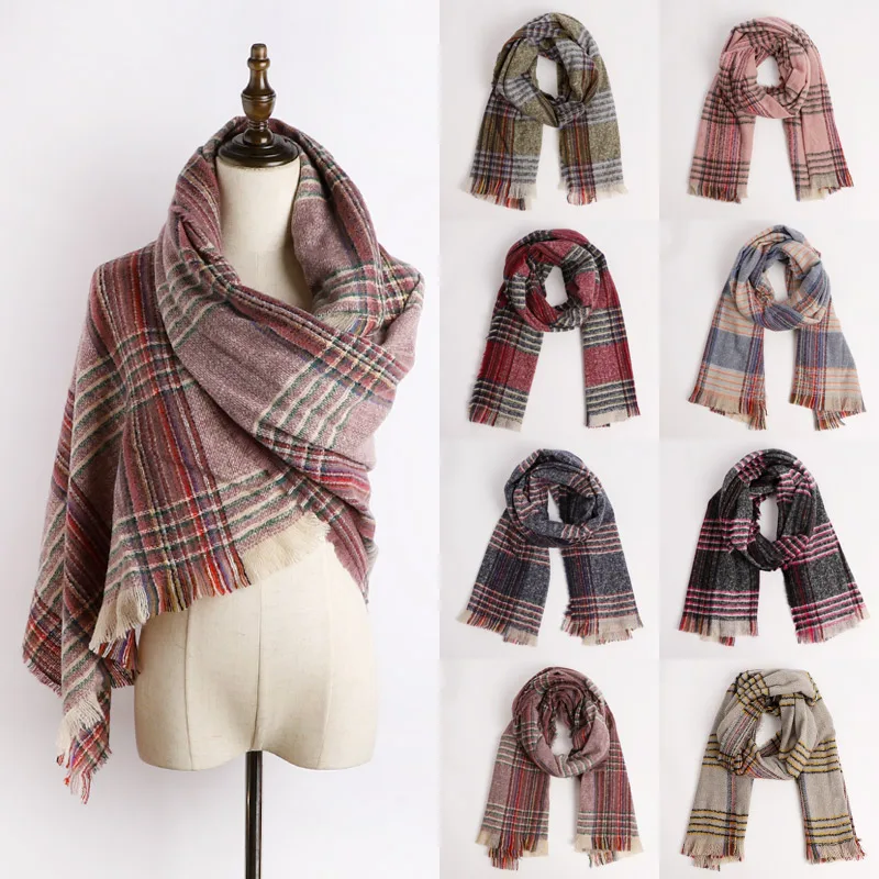 2019 зимний большой шарф шаль модный клетчатый Женская вязаный с кисточками