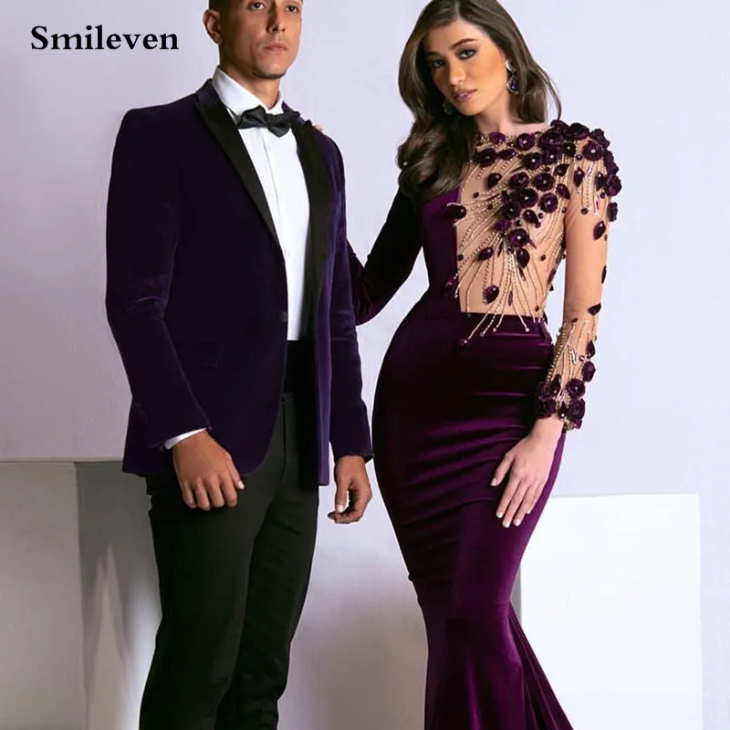Smileven Caftan фиолетовые Вечерние платья Русалочки бархатные с длинным рукавом 3D