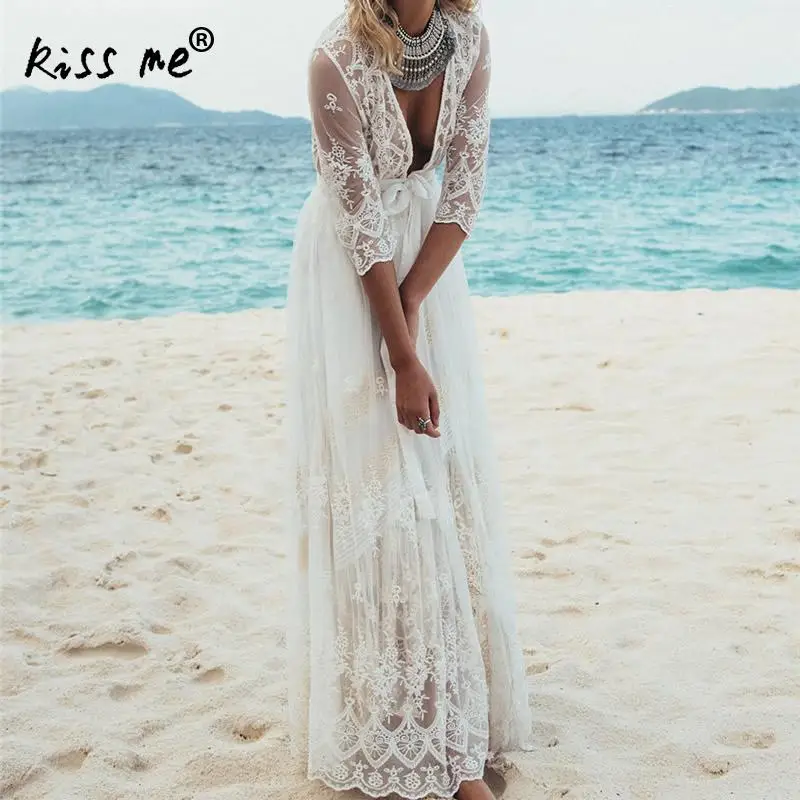Женская пляжная одежда с кружевом летнее платье туника глубоким v образным