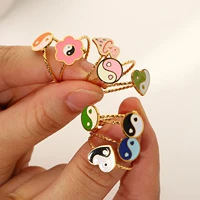 new ins stainless steel colorful heart tai chi ring gold plated drop oil flower mushroom rings for women girls fashion jewelry