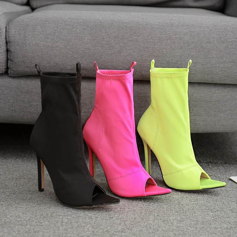 2019 г. женские сапоги неонового цвета Шелковый носок Высокий Каблук 11 5 см