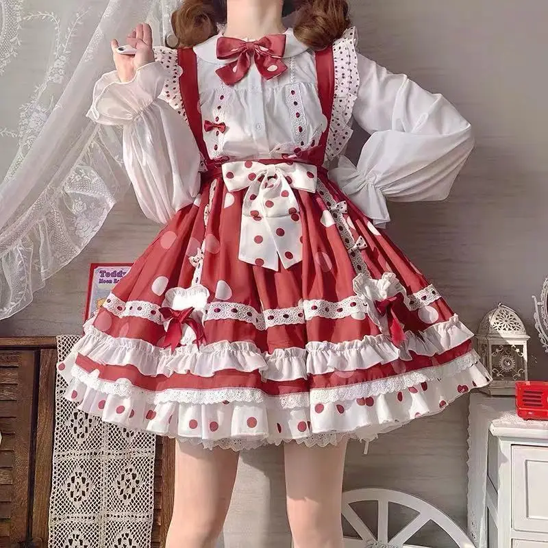 

Heydress Summer Sweet Girl Cute Woman JK Uniform Harajuku Maid Sling Dress Suit Japanese Cute Gothic Lolita Strawberry Dress Set