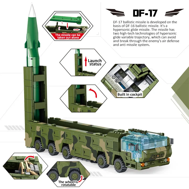 

1164Pcs WW2 Military DF-17 Medium-rang Ballistic Missile Trucks Building Blocks Battle Army Vehicle Soldier Figures Bricks Toy
