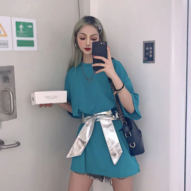 

Solid Color Summer Women Loose Mid-length T-shirt Korean Fashion Female Half-sleeved O-Neck Top