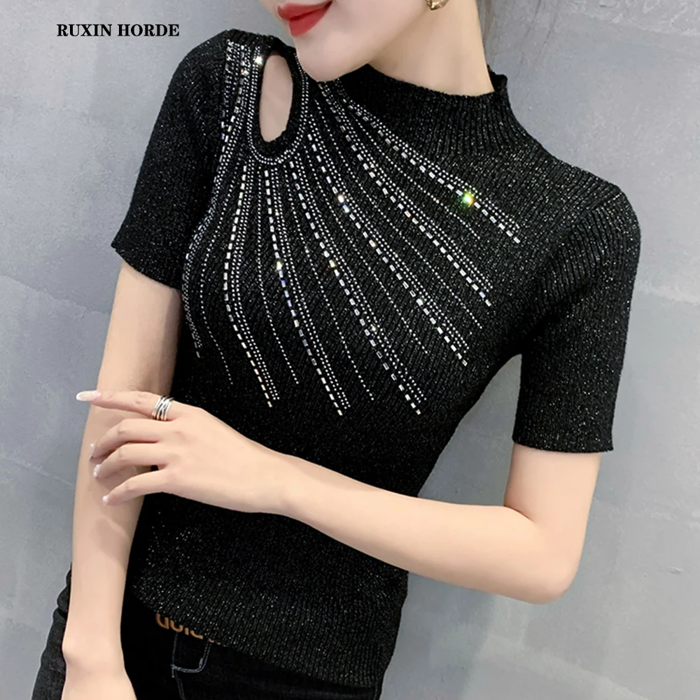 

Diamond Hollow Out Half Turtleneck Women T-Shirt Slim Sexy Short-Sleeved Cultivate Morality Perspective Knitwear Bright Silk Top
