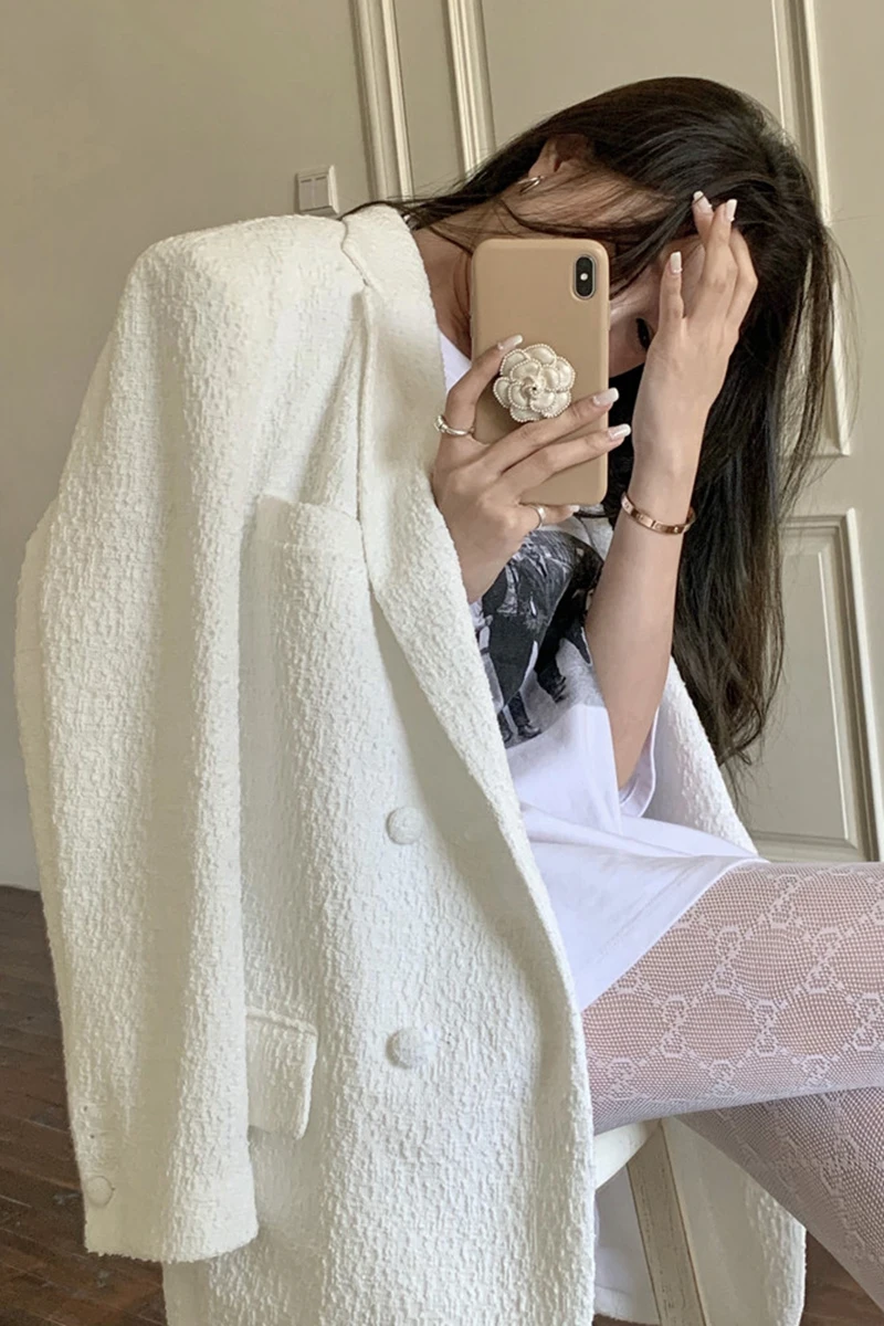 

Korean style spring temperament ladies style suit collar double breasted loose straight long sleeve handsome suit jacket women