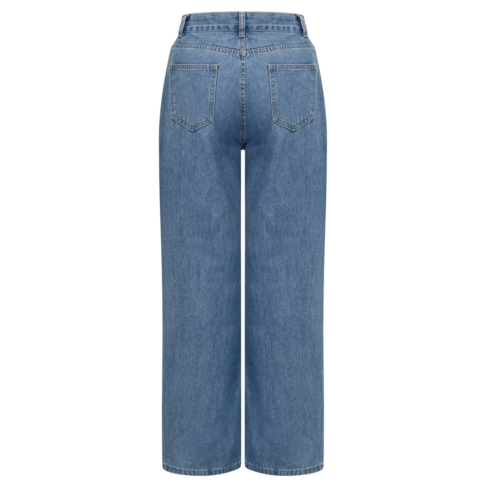 

Fashion Women High Waist Loose Pocket Blue Solid Color Print Jeans Pants Casual Wide Legs Streetwear Jeans