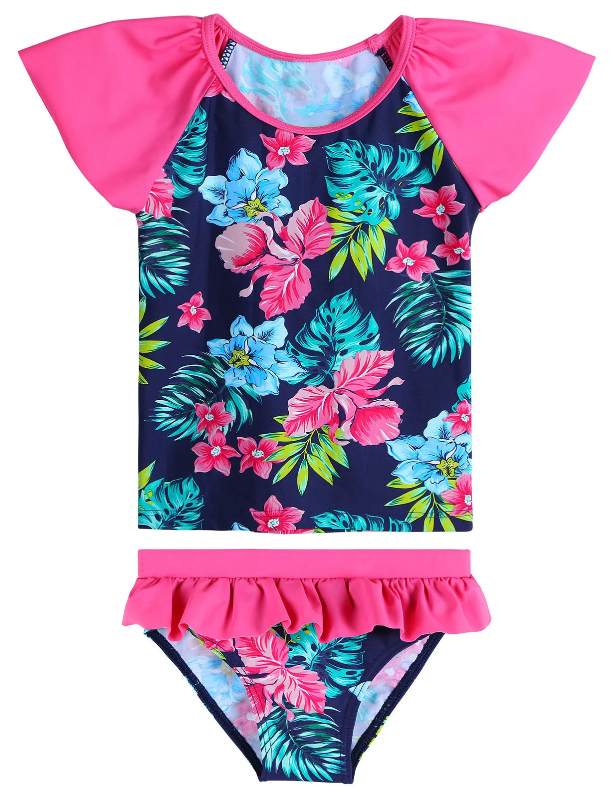 

BAOHULU Girls Two Pieces Swimsuit Navy Flower Print Short Sleeve Swimwear Children Water Sport Rashguard Bathing Suit